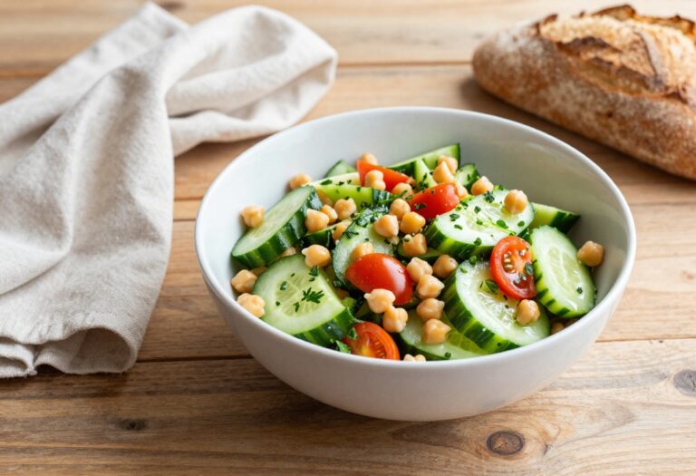 A bowl of high-protein cucumber salad with chickpeas and fresh herbs on a wooden table.