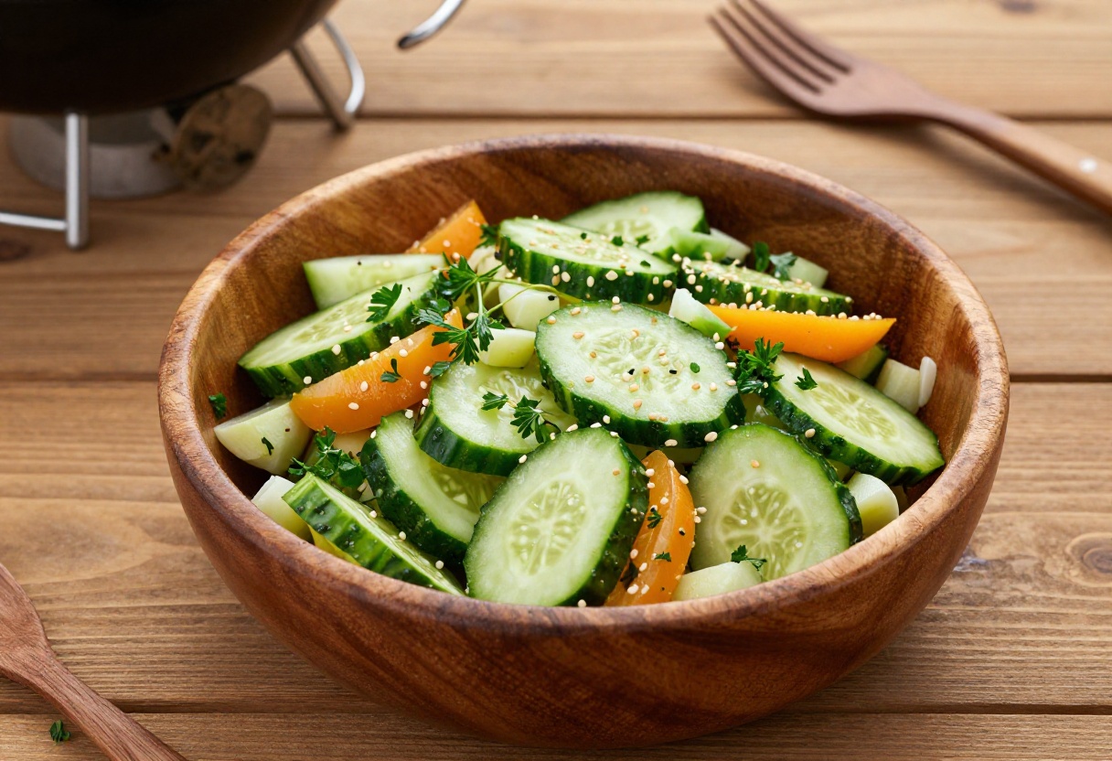 Colorful cucumber salad with sesame seeds in a bowl on a picnic table, ready for a BBQ.