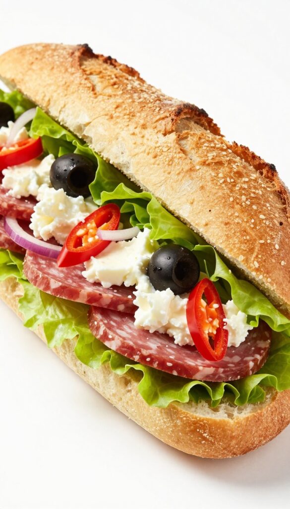 A close-up view of a sliced Italian chopped salad sandwich, showcasing fresh ingredients like romaine lettuce, meats, cheese, and peppers in crusty bread, perfect for a quick lunch.