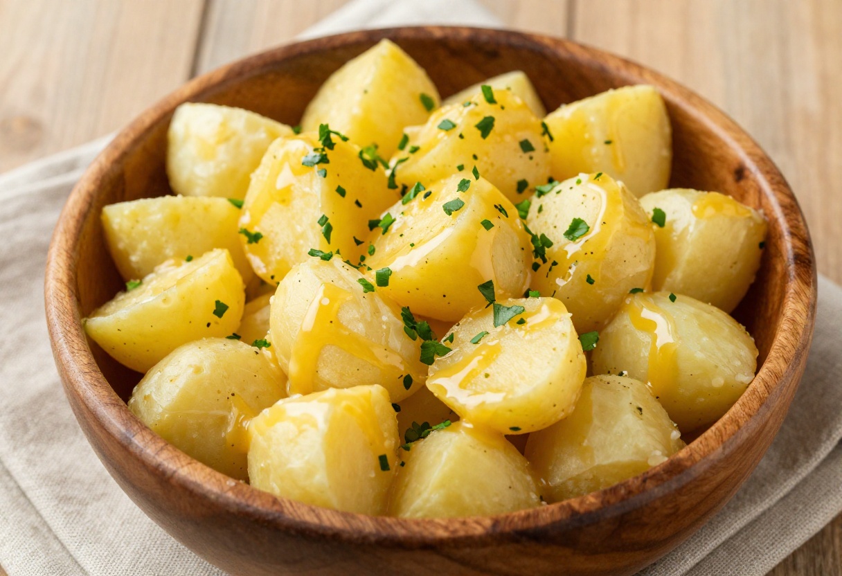 A bowl of warm potato salad with a tangy mustard dressing, garnished with fresh herbs.
