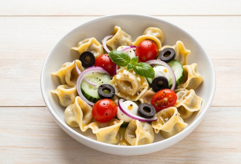 Cheese tortellini pasta salad with Italian dressing in a white bowl
