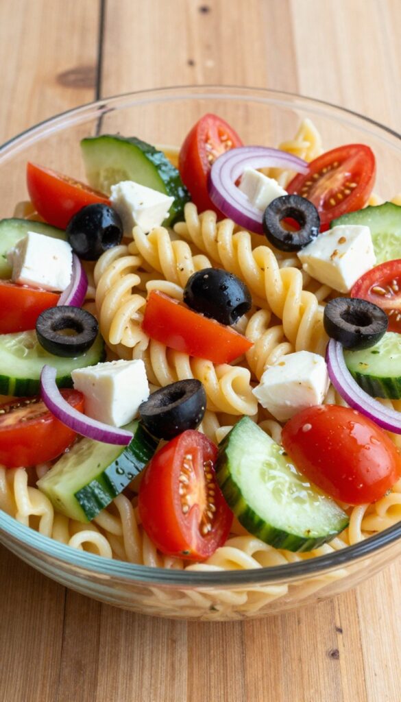 A classic Italian pasta salad with rotini pasta, cherry tomatoes, cucumber, black olives, mozzarella cheese, and red onion in Italian dressing, served in a glass bowl on a wooden table.