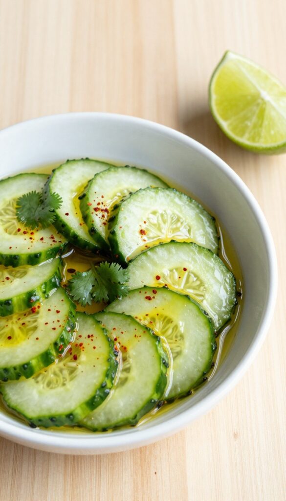 Spicy Thai cucumber salad with chili olive oil in a white bowl on a wooden table.