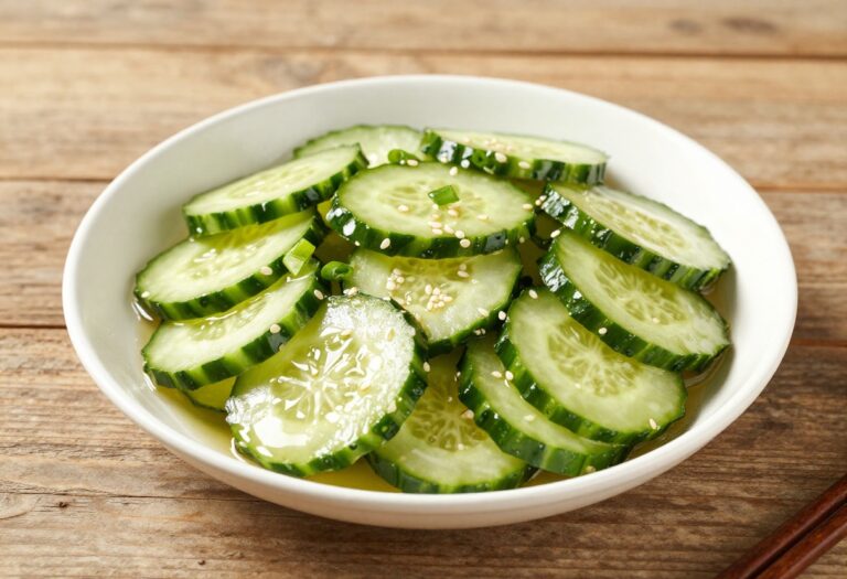 Spicy cucumber salad in a white bowl with sesame seeds and green onions