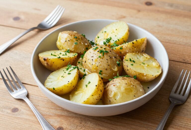 A colorful bowl of baked potato salad with herbs on a wooden table, ready for a picnic or potluck.