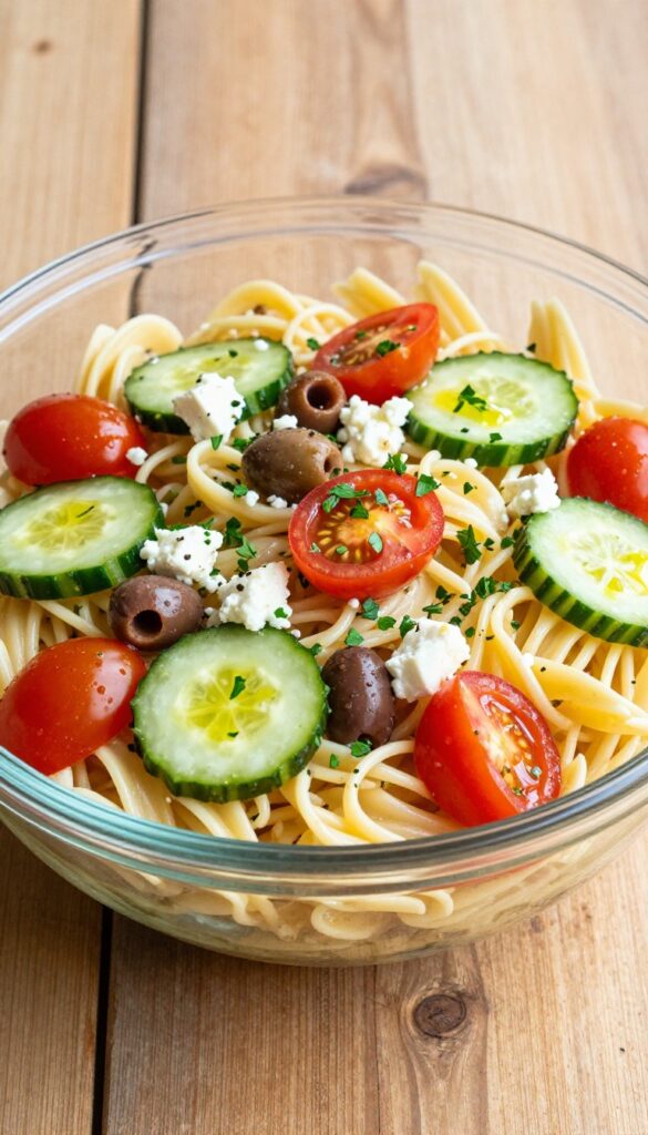 A close-up view of a Mediterranean pasta salad with pasta, feta cheese, cucumber, cherry tomatoes, olives, and dressing in a glass bowl on a wooden table, showcasing fresh ingredients and vibrant colors.