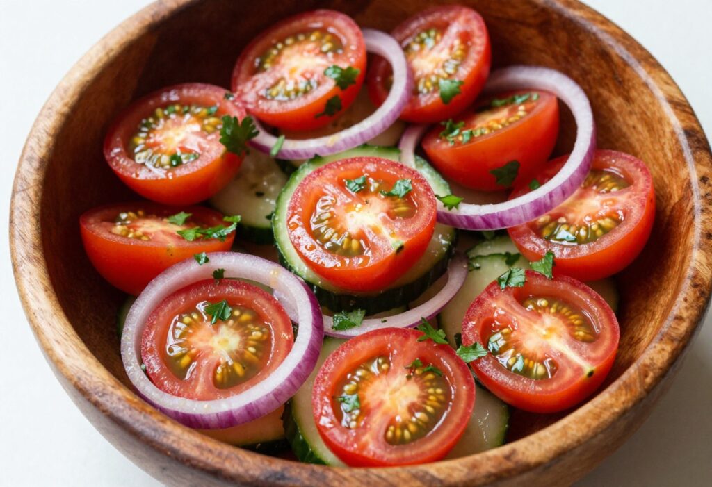Fresh cucumber tomato salad with red onion in a wooden bowl