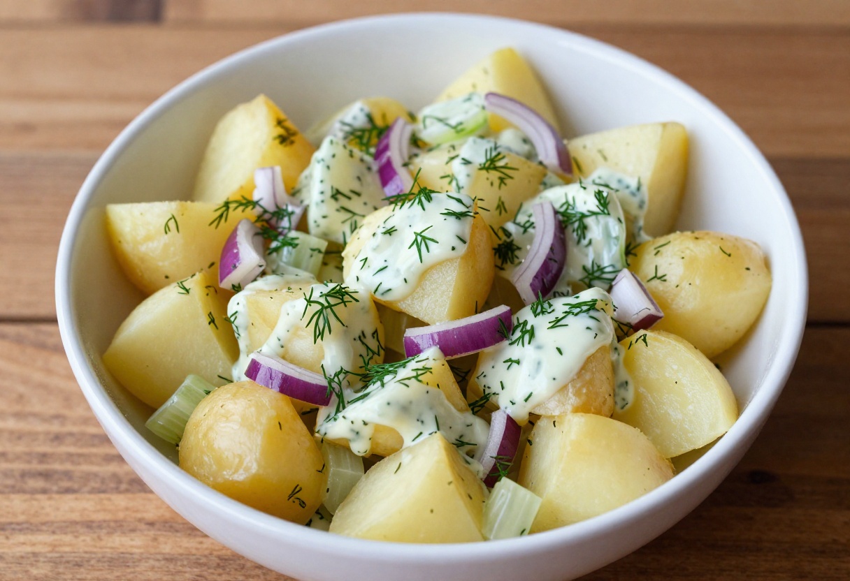 Creamy Italian potato salad with dill in a white bowl on a wooden table