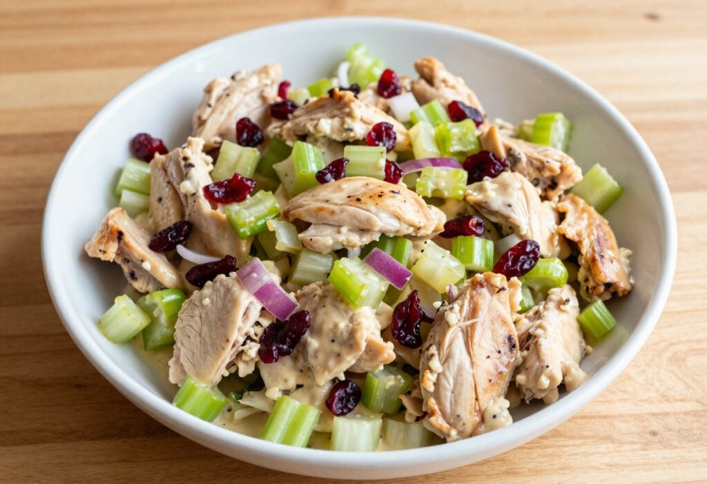 Creamy rotisserie chicken salad in a bowl with celery and cranberries