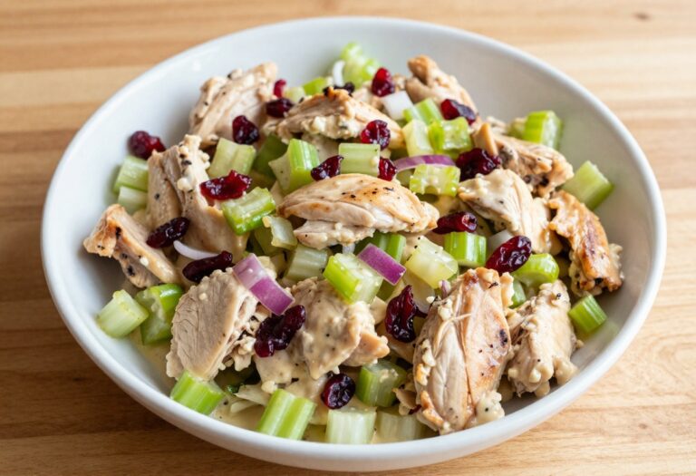 Creamy rotisserie chicken salad in a bowl with celery and cranberries