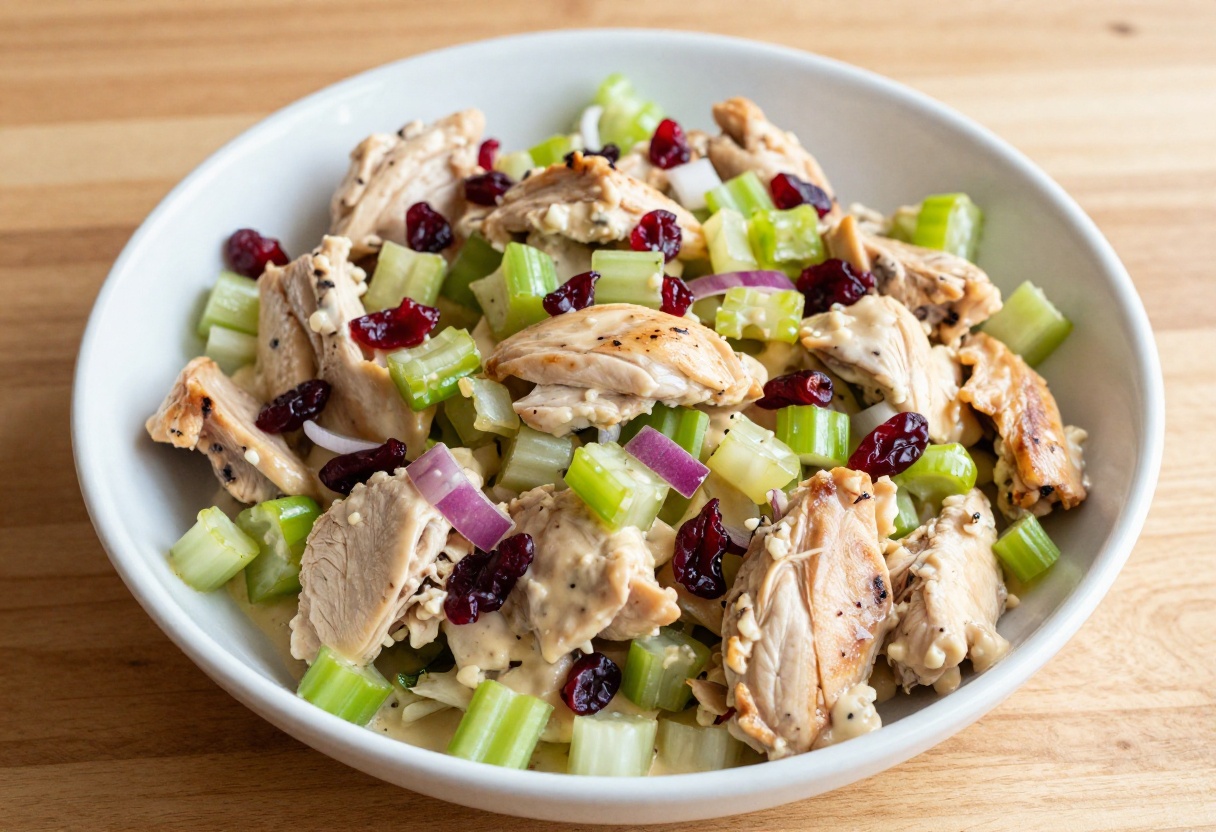 Creamy rotisserie chicken salad in a bowl with celery and cranberries