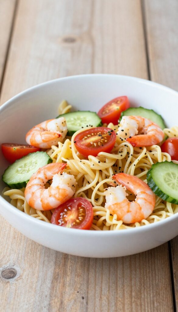 A bowl of shrimp Italian pasta salad with pasta, shrimp, cherry tomatoes, and cucumber in Italian dressing, presented in bright natural light for a blog listicle.