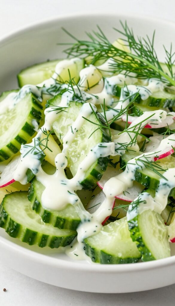 A colorful potato salad with cucumbers and radishes in a creamy dill dressing, served in a bowl on a rustic table, perfect for a BBQ side dish.