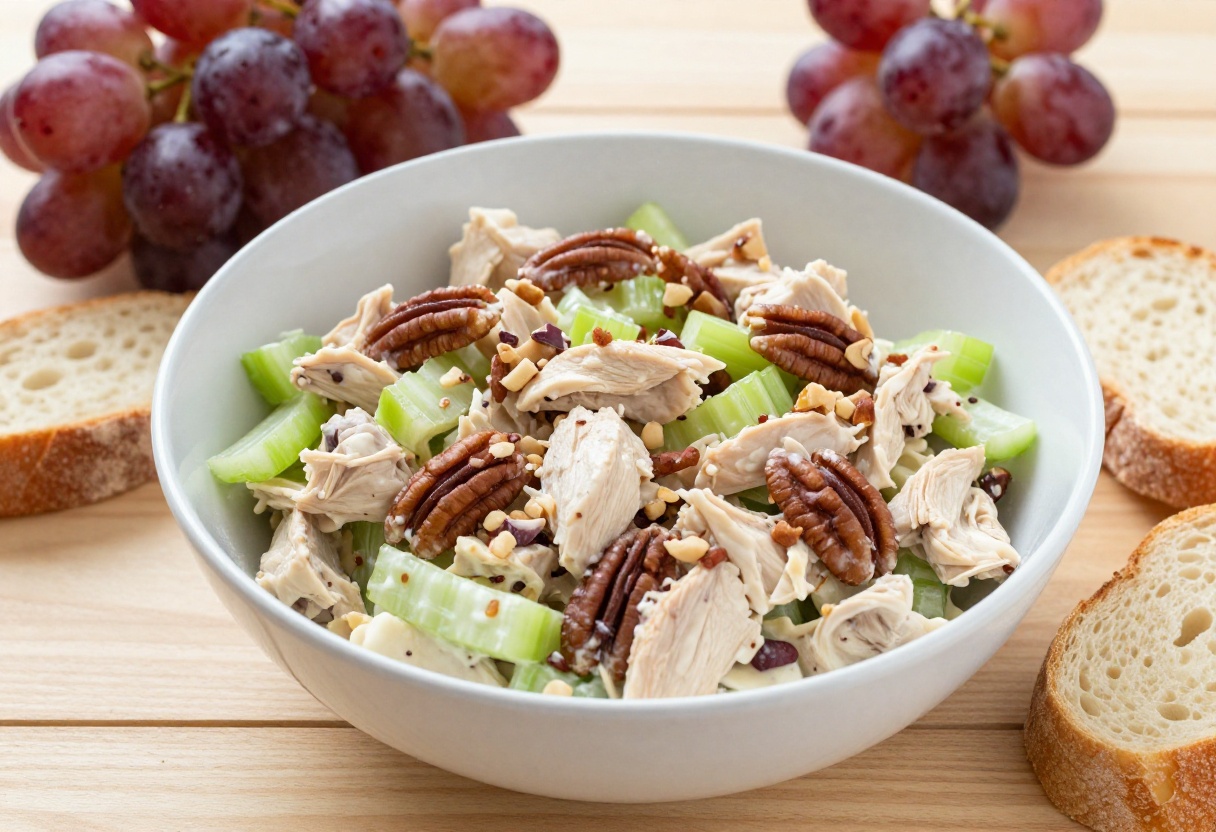 Bowl of Panera-style chicken salad with grapes and pecans on a wooden table with bread.