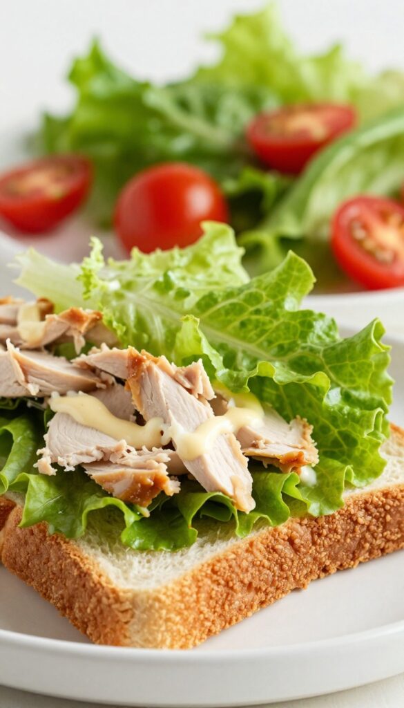 Chicken salad sandwich on toasted bread with lettuce and side salad.
