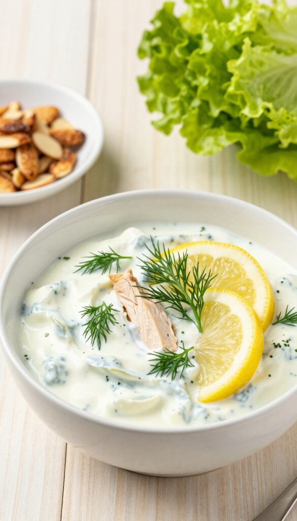 Greek yogurt lemon herb chicken salad in a bowl with fresh herbs and lemon slices on a wooden table