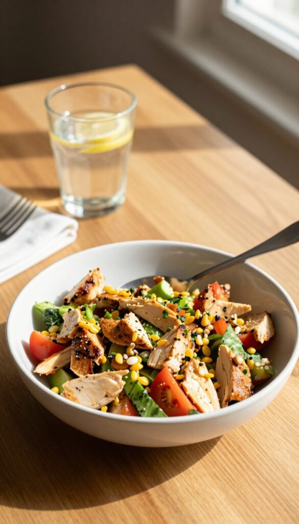Chicken salad bowl on wooden table with spoon and lemon water in background.