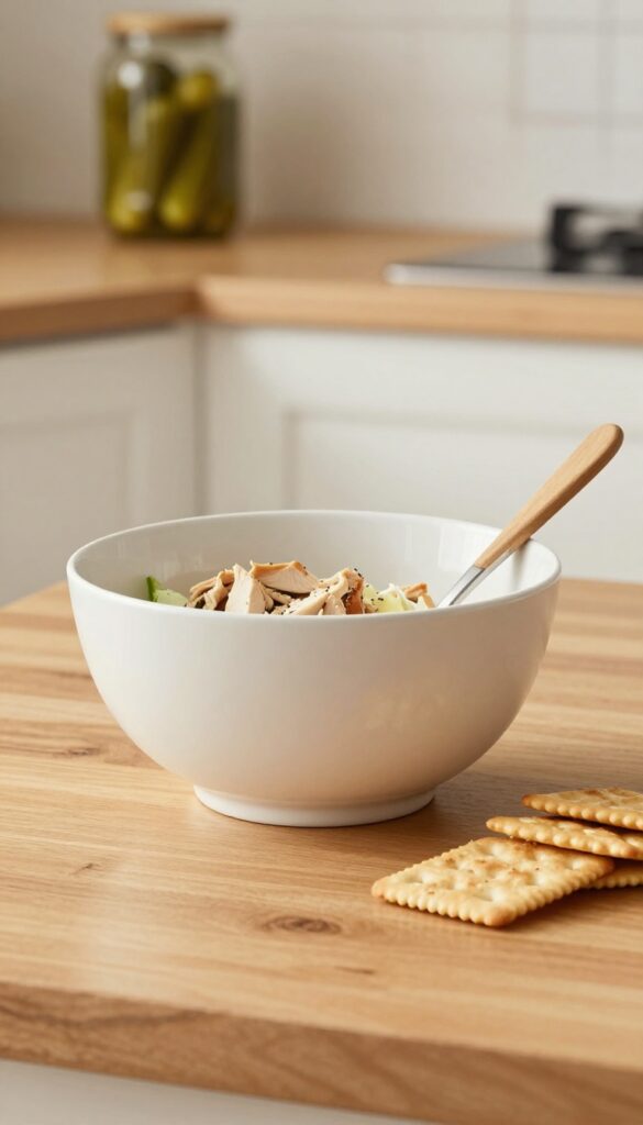 Wider angle of chicken salad bowl with spoon and crackers on wooden table