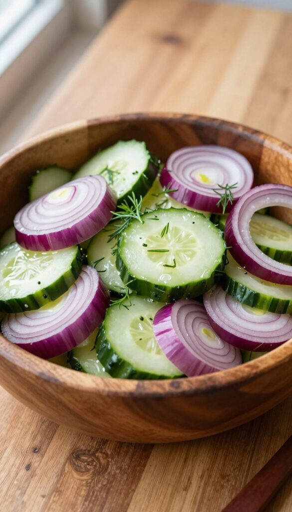 Cucumber and red onion salad with dill in a wooden bowl on a rustic table
