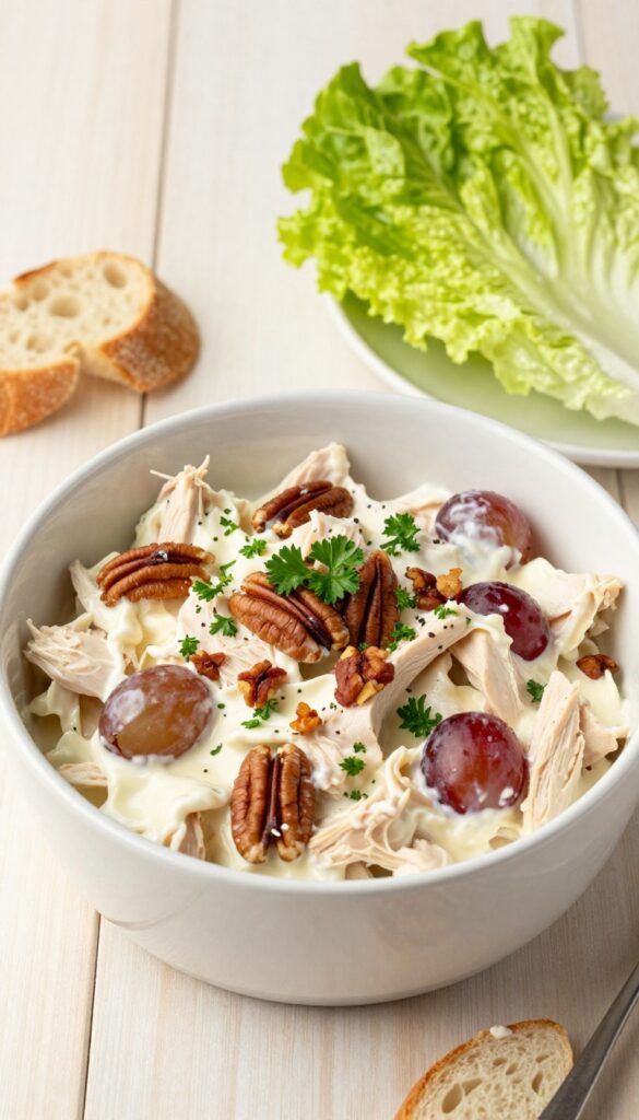 Classic creamy chicken salad with grapes and pecans in a white bowl on a wooden table with lettuce cups and bread.