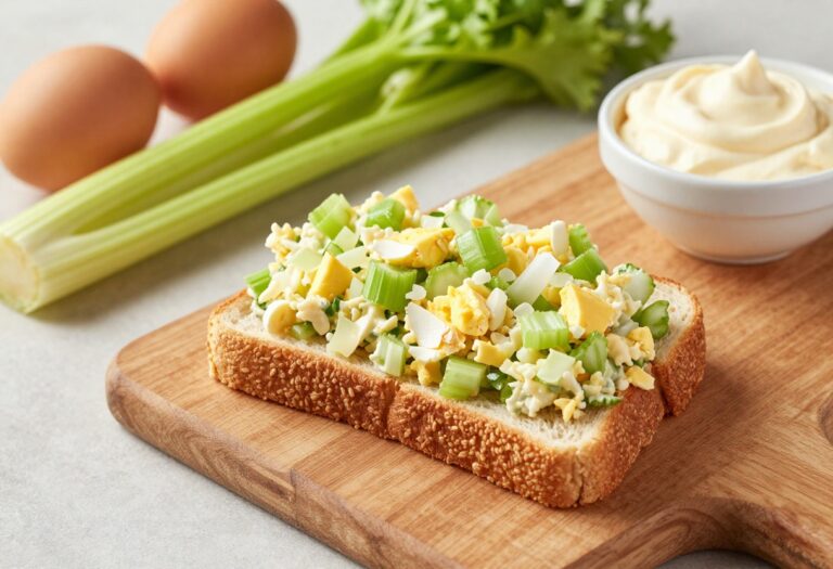 A creamy egg salad sandwich on a wooden board with fresh ingredients, representing easy and delicious lunch recipes.