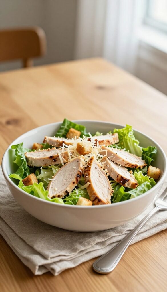 Chicken Caesar Salad on a wooden table with fork and napkin.