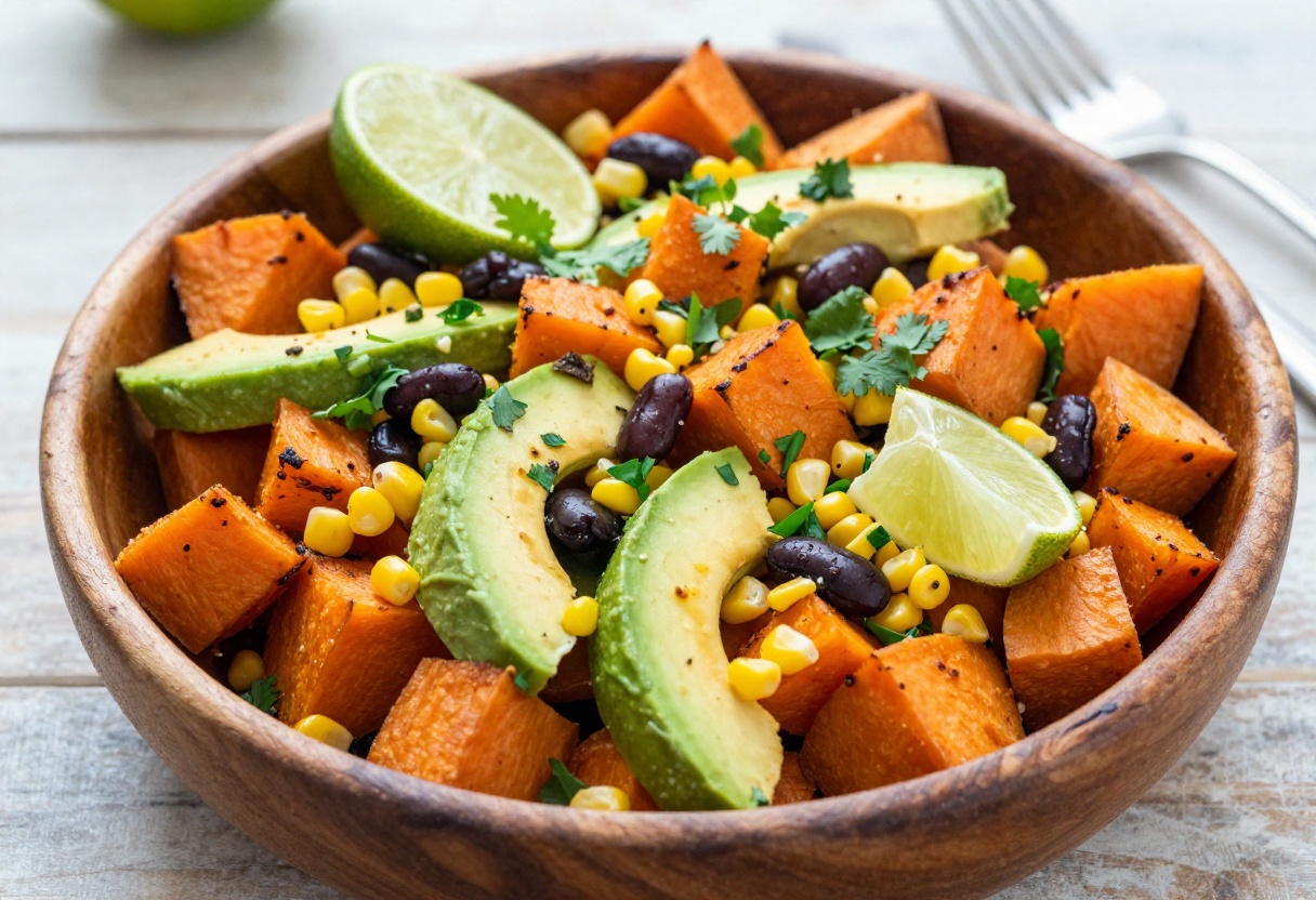 Colorful sweet potato salad with various toppings in a wooden bowl, perfect for outdoor gatherings.