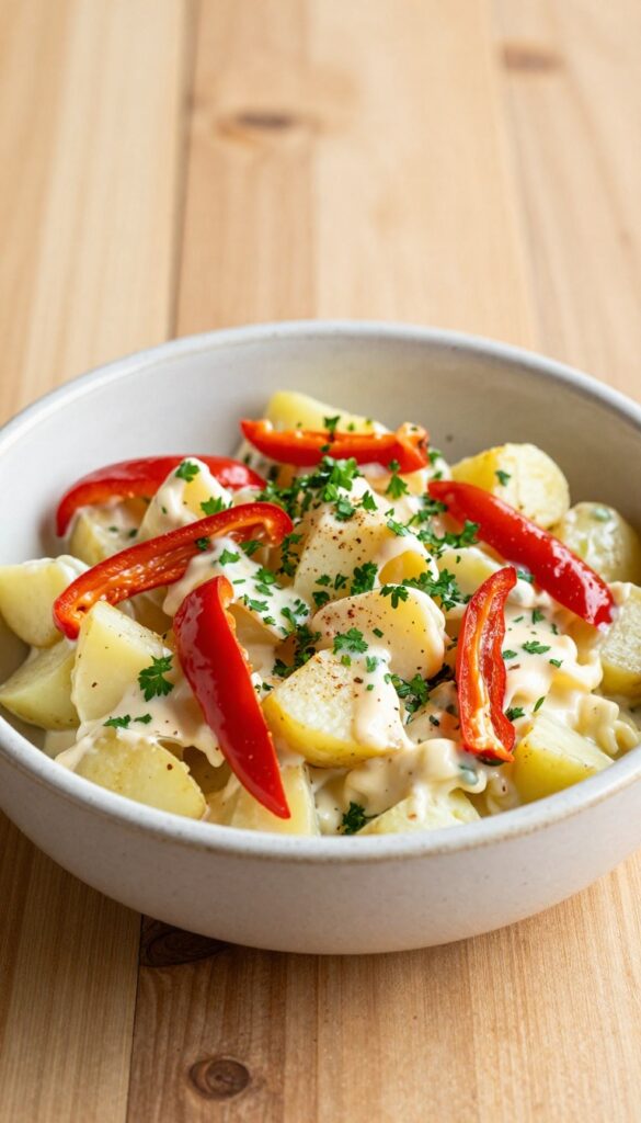 Creamy potato salad with roasted red peppers and parsley in a bowl, highlighting smoky paprika flavors for a summer side dish.