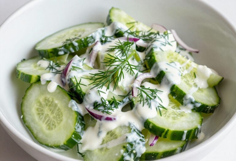 German cucumber salad with sour cream in a white bowl, garnished with fresh dill.