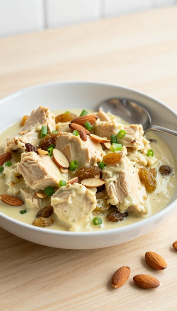 Creamy curry chicken salad with golden raisins and almonds in a white bowl on a wooden table.