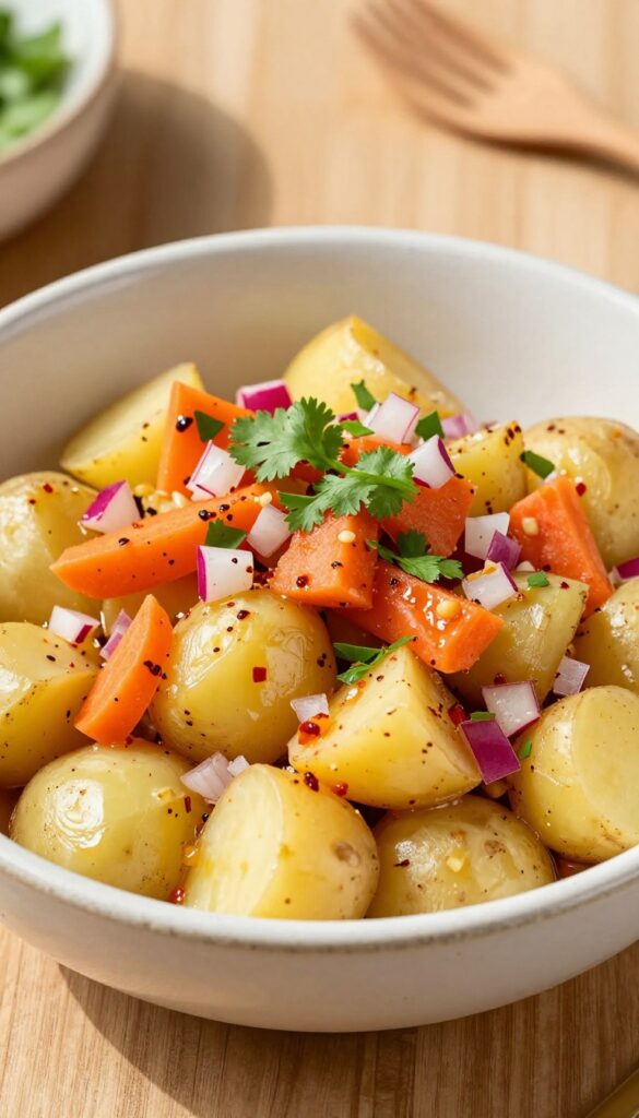 A bright and fresh potato salad with pickled vegetables and chili dressing, served in a ceramic bowl on a wooden table, perfect for a light meal.