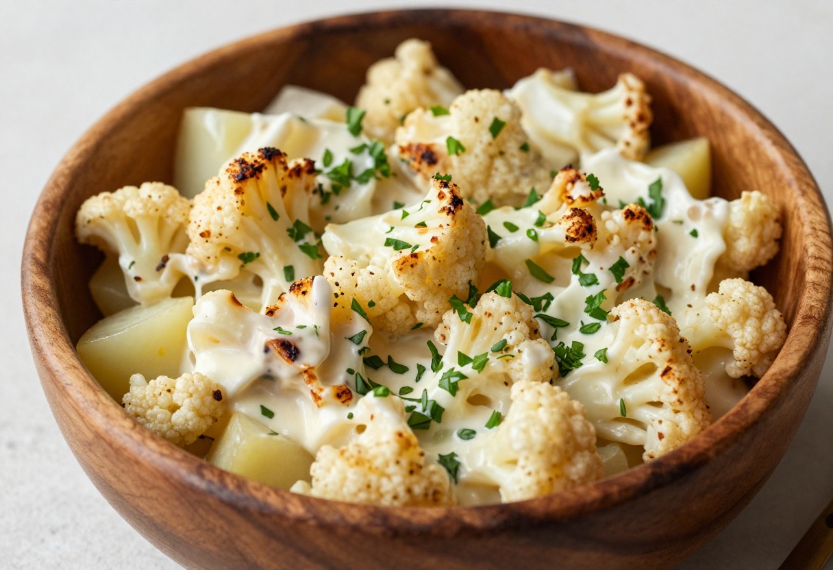 Cauliflower potato salad in a wooden bowl with fresh herbs
