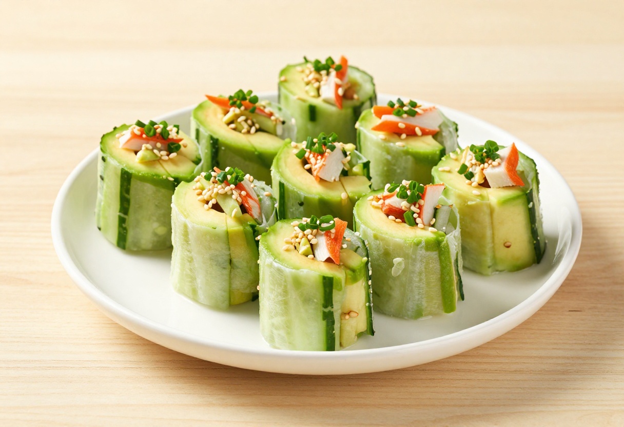 California Roll Cucumber Salad with avocado and cucumber in a white bowl