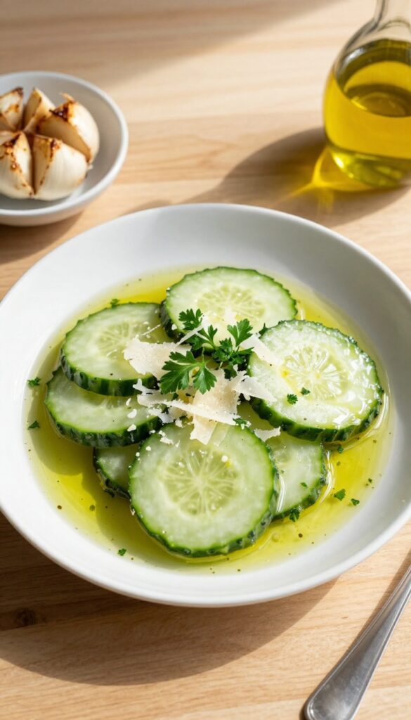 Roasted garlic cucumber salad with Parmesan and olive oil in a bowl on a wooden table