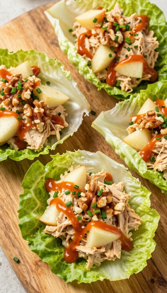 Buffalo chicken salad served in crisp lettuce cups with diced apple and toasted walnuts.