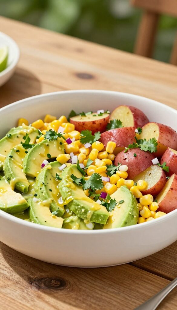 A vibrant Avocado-Lime Potato Salad with Corn in a white bowl on a wooden table under bright natural light.