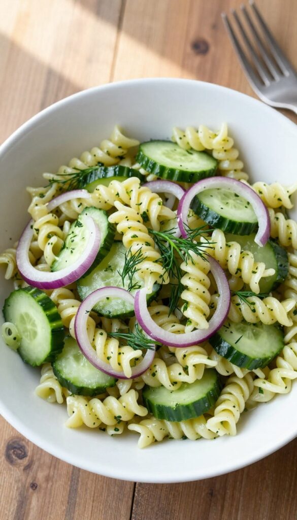 Cucumber dill pasta salad in a white bowl on a wooden table