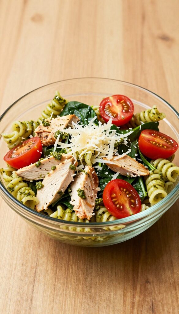 A bowl of chicken pesto pasta salad with rotini pasta, diced chicken, pesto sauce, spinach, cherry tomatoes, and parmesan cheese, arranged neatly under natural light.