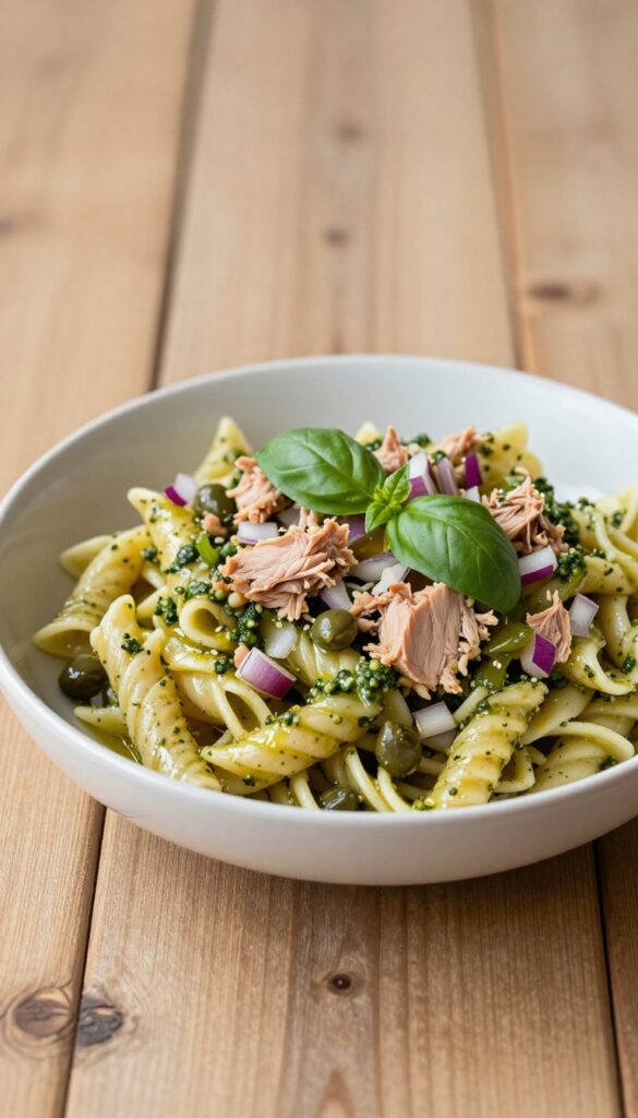 A bowl of pesto pasta salad with tuna, red onion, and capers, showcasing a quick and protein-packed meal idea for easy recipes.