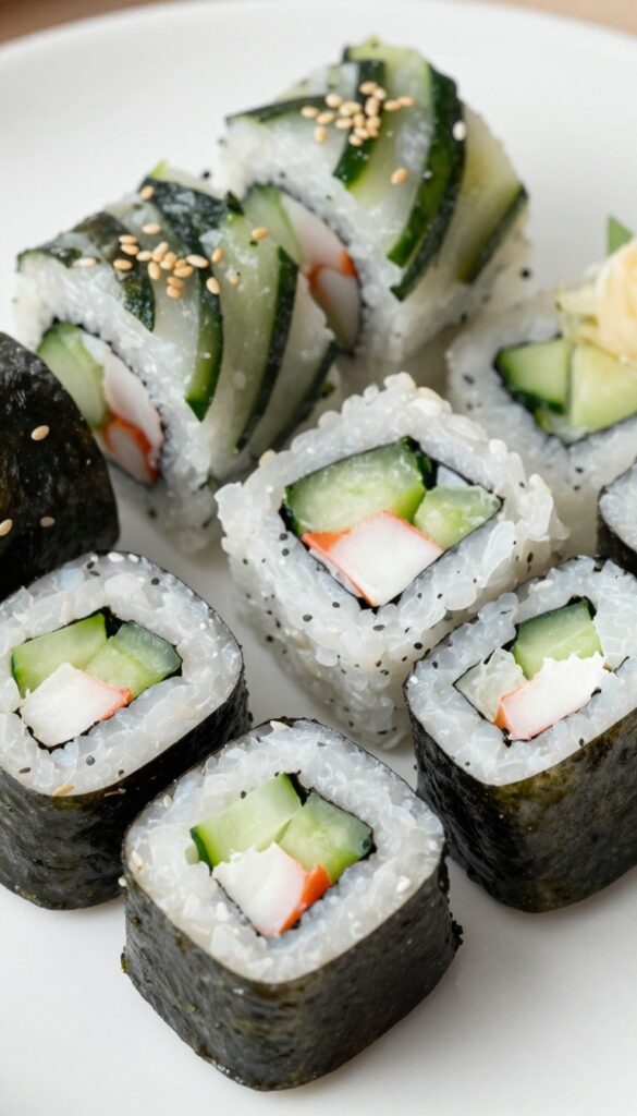 Close-up of cucumber crab salad sushi rolls on a wooden board