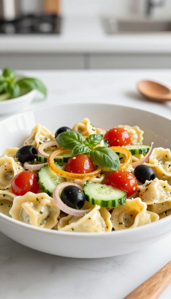 Cheese tortellini pasta salad with Italian dressing in a white bowl, wide angle view