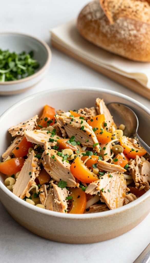 Chicken salad in a ceramic bowl with bread and herbs in the background