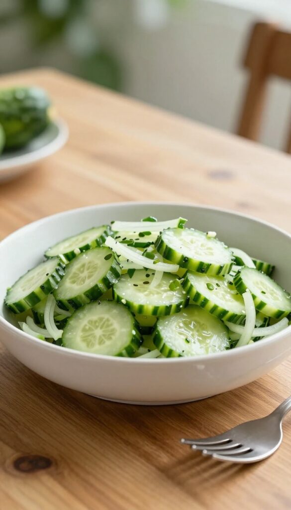 Cucumber and onion salad served on a wooden table with a fork
