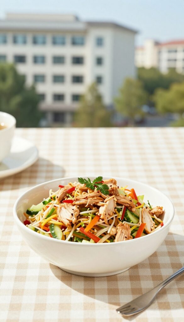 Chinese chicken salad bowl on a checkered tablecloth with fork, outdoor office setting in background.