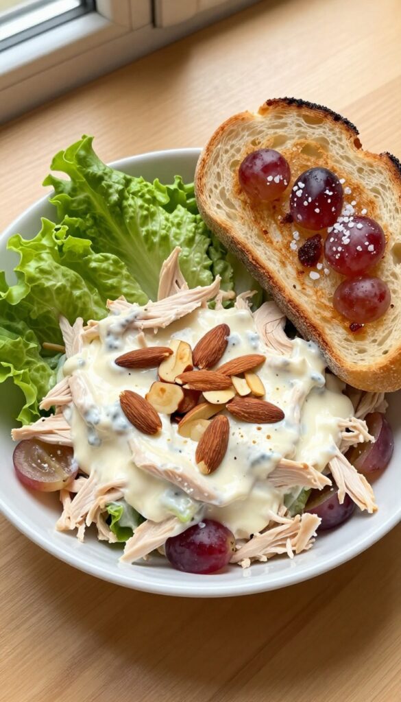 Classic chicken salad with grapes and almonds in a white bowl on a wooden table with butter lettuce and toasted sourdough.