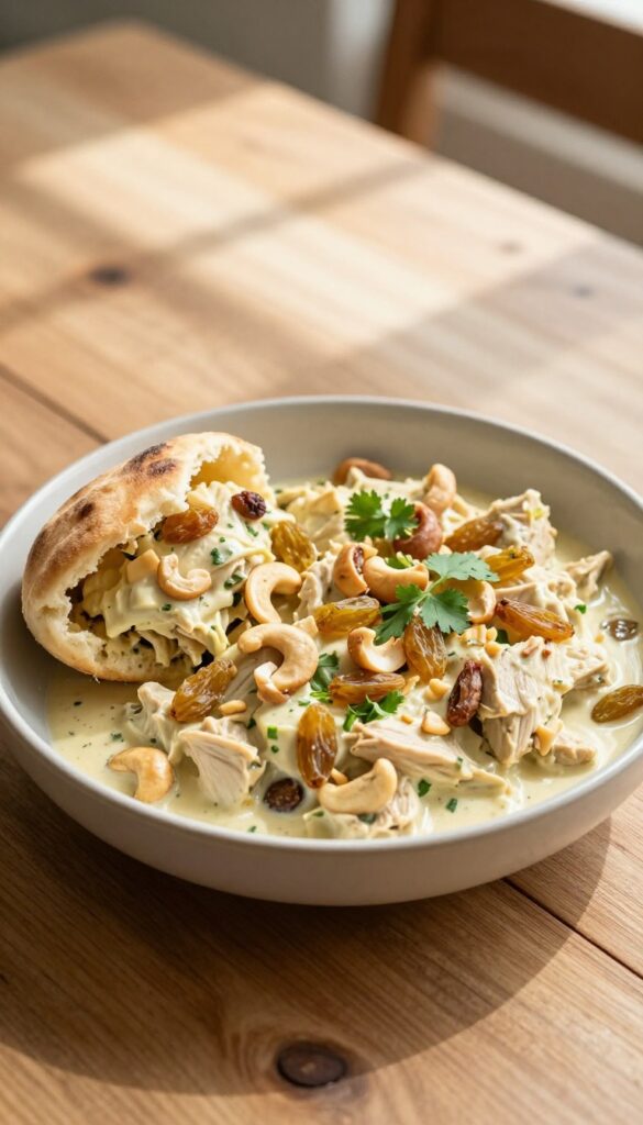 Curried chicken salad with golden raisins and cashews in a bowl, served in a pita pocket on a wooden table.