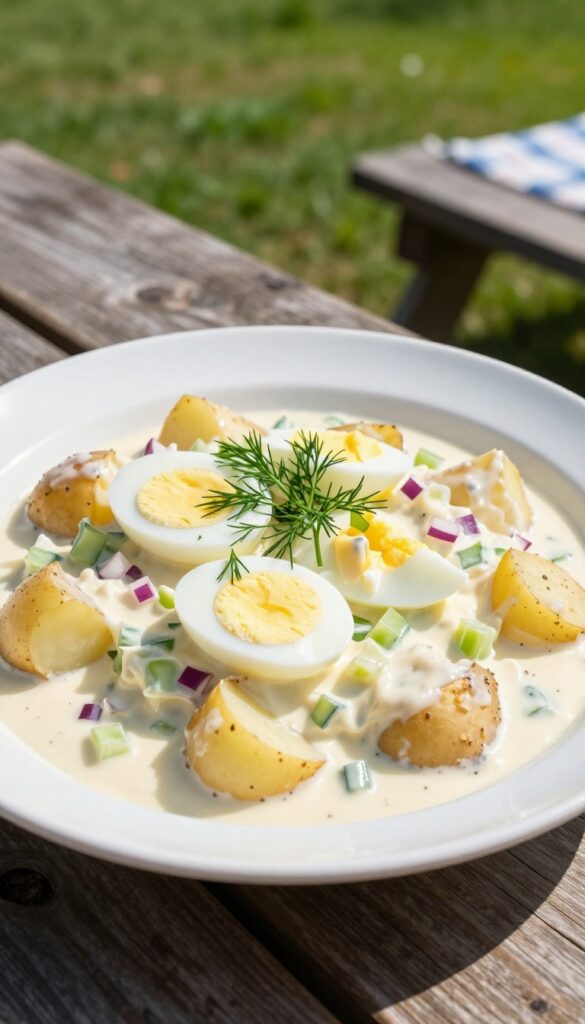 A close-up of classic creamy potato salad with potatoes, celery, onion, eggs, and dill in a white bowl on a wooden table, perfect for summer picnics.