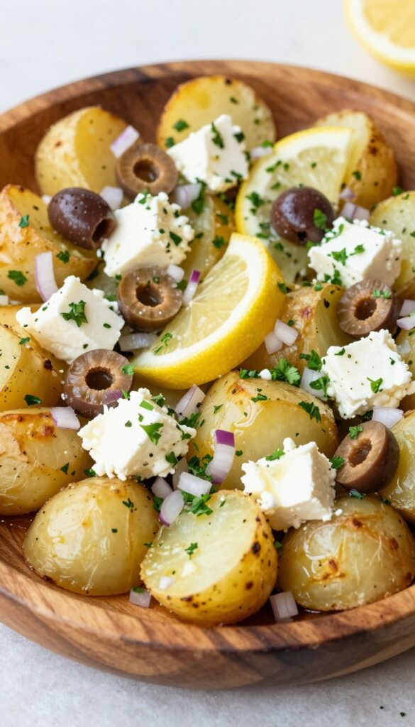 A Greek-inspired baked potato salad with roasted potatoes, feta cheese, olives, and herbs in a lemon-oregano dressing, perfect for picnics and potlucks.