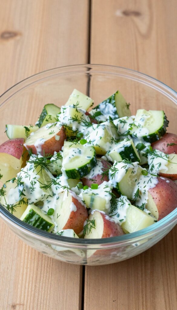 A close-up view of creamy dill and cucumber potato salad with red potatoes, cucumber, and fresh dill in a glass bowl, showcasing a light yogurt dressing for a refreshing potluck dish.