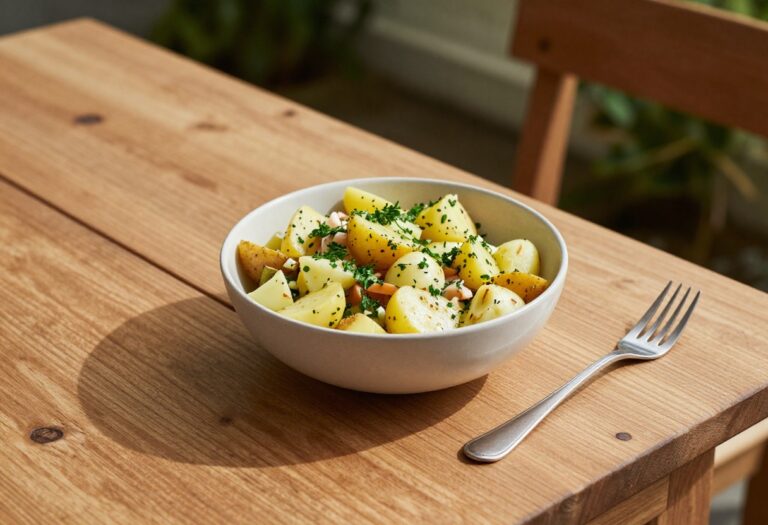 Colorful homemade potato salad in a bowl on a wooden table, ready for a backyard BBQ.